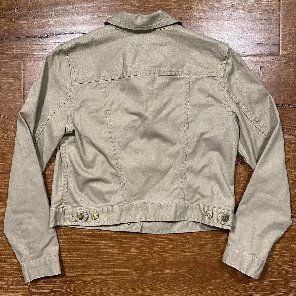 Vintage Lauren Ralph Lauren Denim Trucker Jacket Womens S Beige Gold Glitter - Picture 2 of 10
